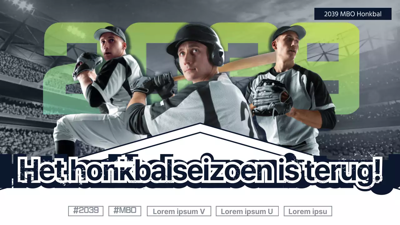 Honkbalevenementaankondiging met een strak concept in donker marineblauw en fluorescerende kleuren