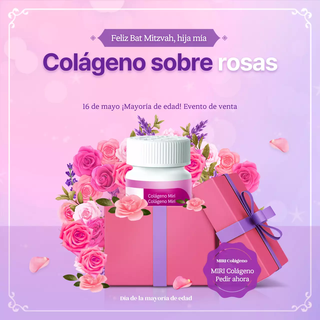Un femenino fondo rosa en rosa y morado para un evento de colágeno de la mayoría de edad