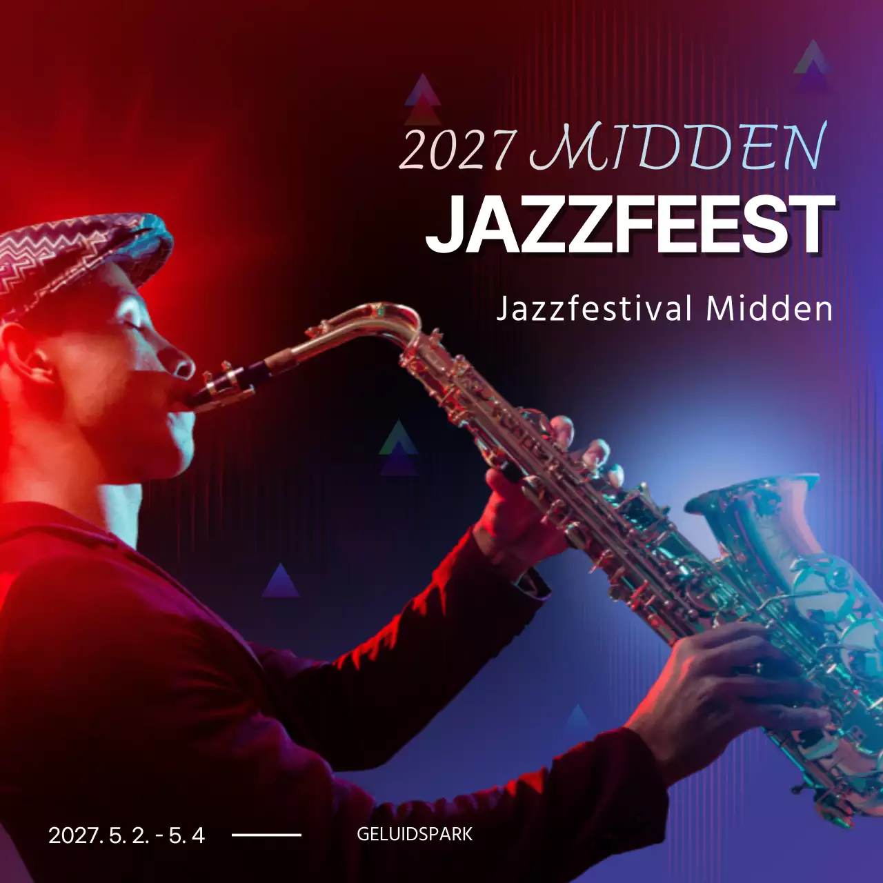 Aankondigingen van muziekfestivals in rood en blauw