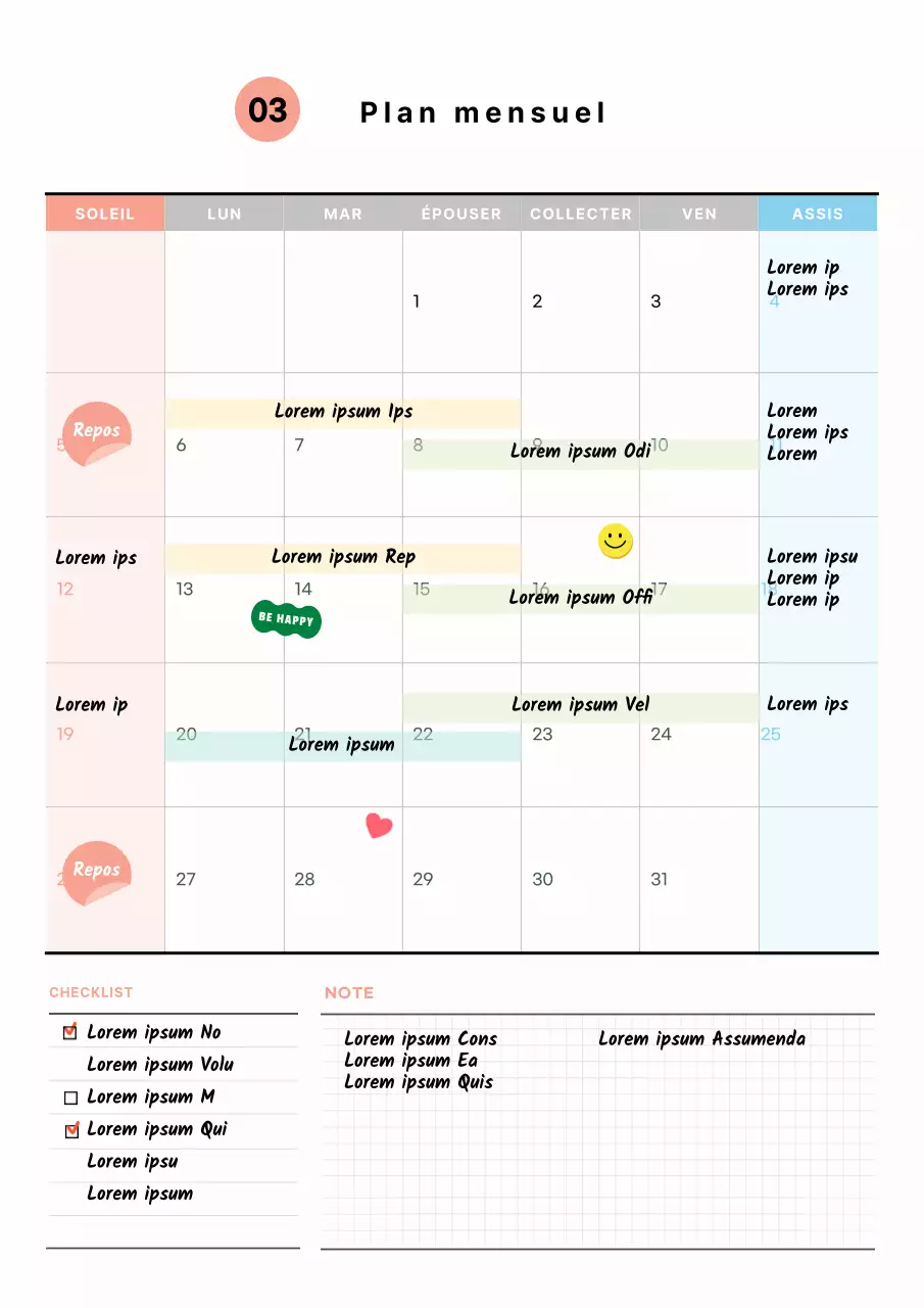 Modèle de document de plan d'études mensuel avec de jolis éléments autocollants illustrés