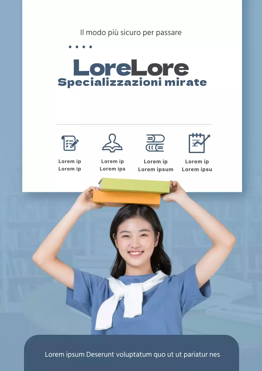 Un'introduzione pulita al programma di studio della scuola con icone blu e verdi.