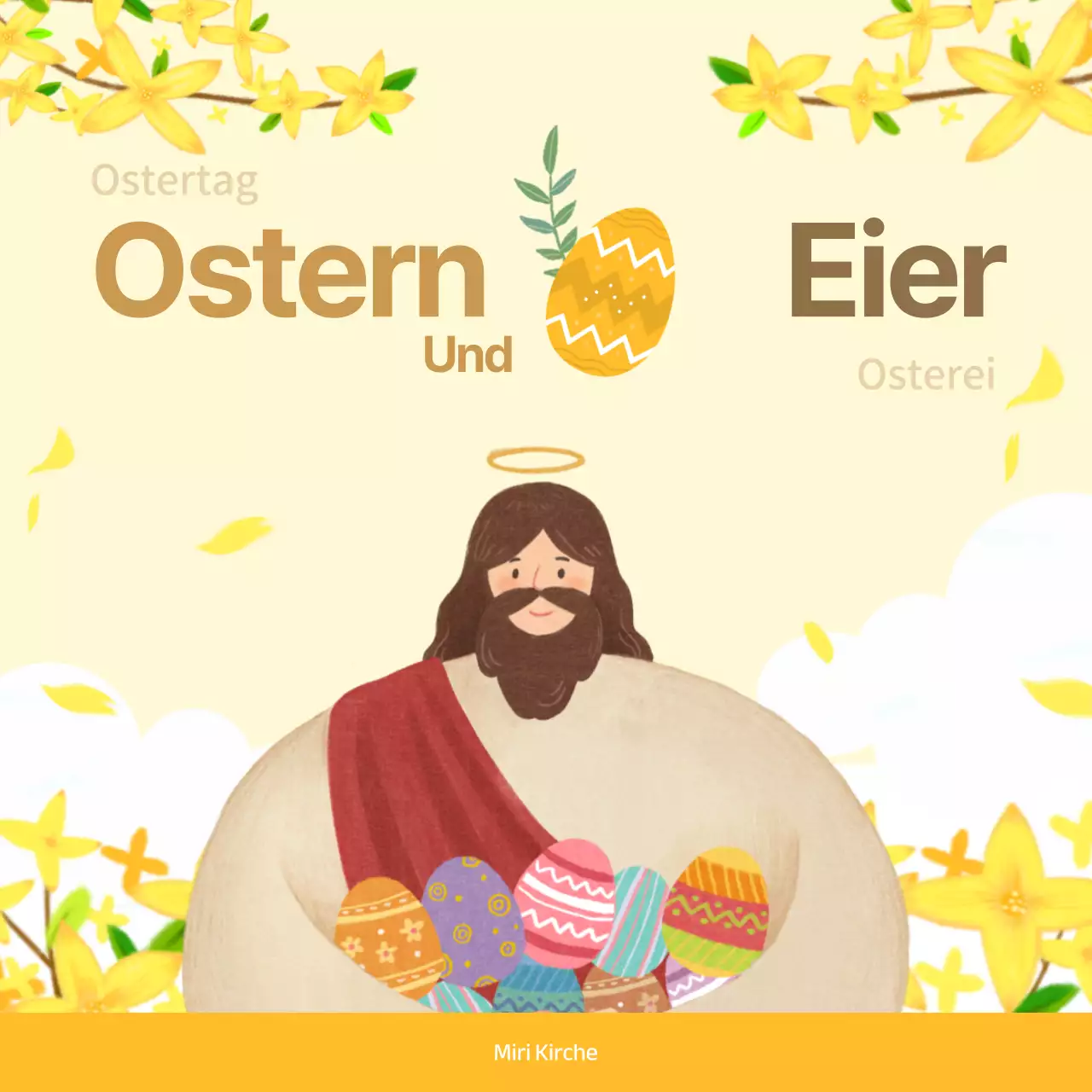 Ostern und Ei Beschreibung und Kirche Einladung mit gelben floralen Hintergrund