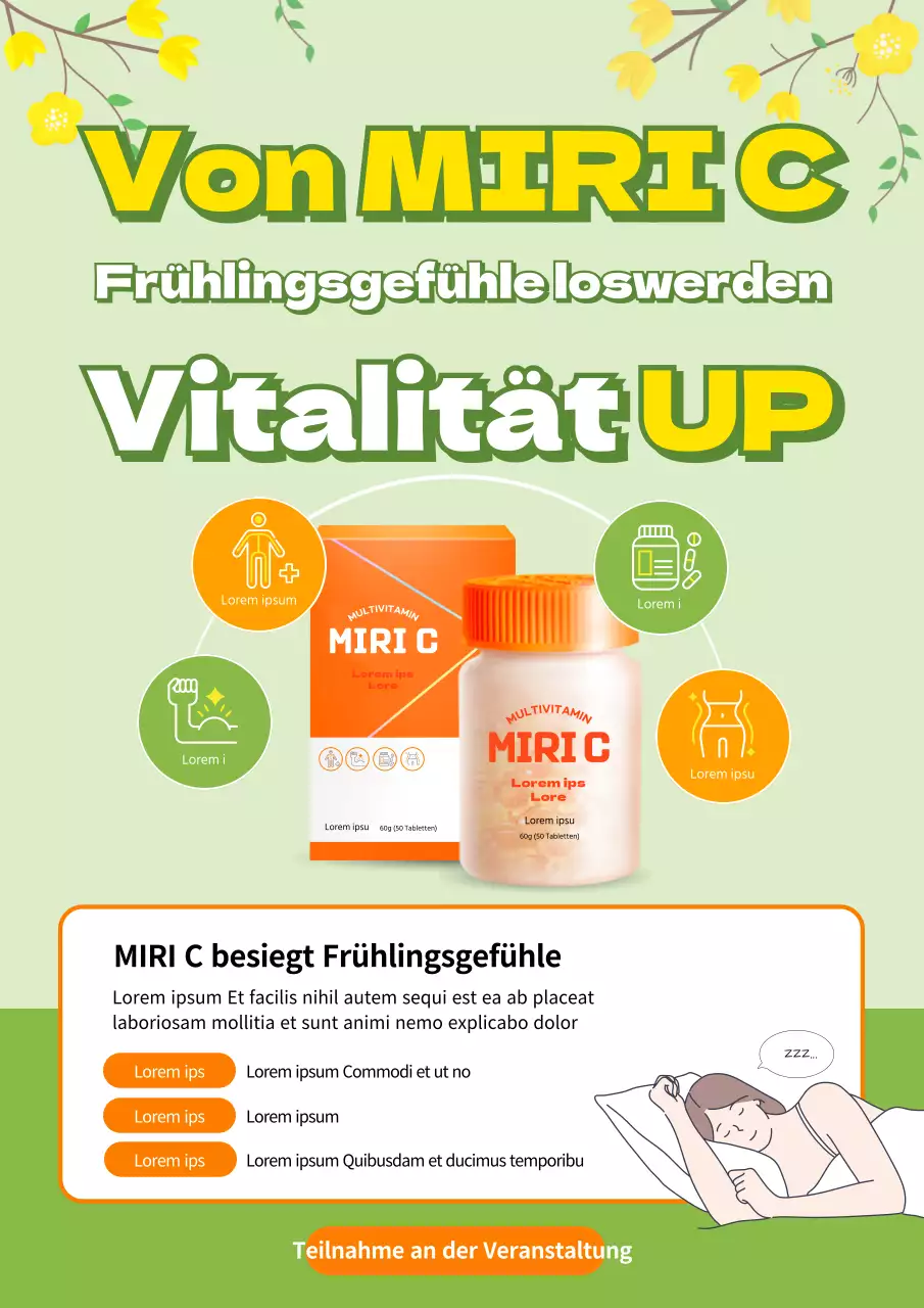 Frühlingsfrische Fiebervitamine in Chartreuse und orangefarbenen Arzneimitteln