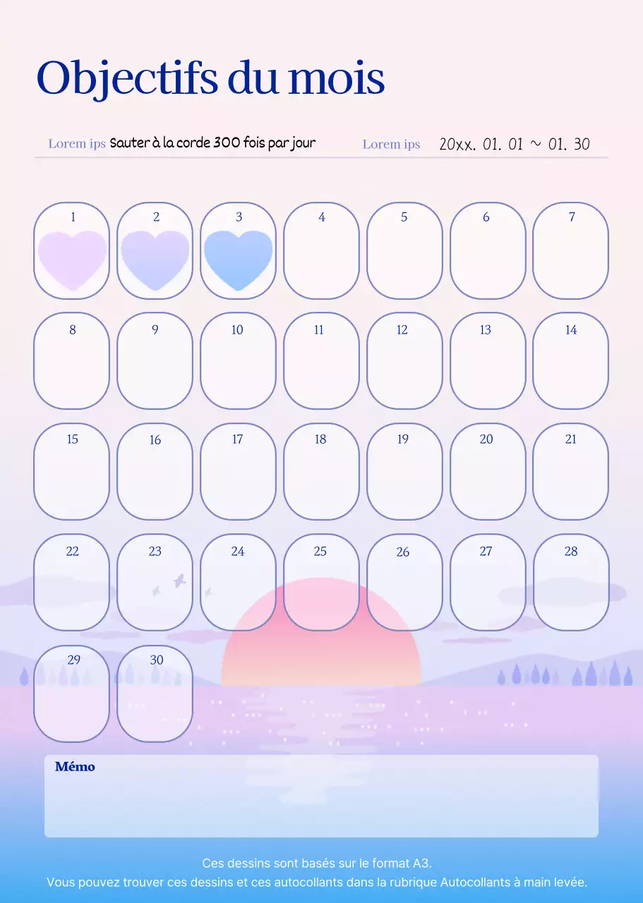 Traceur d'objectifs illustré pour le Nouvel An en rose et violet
