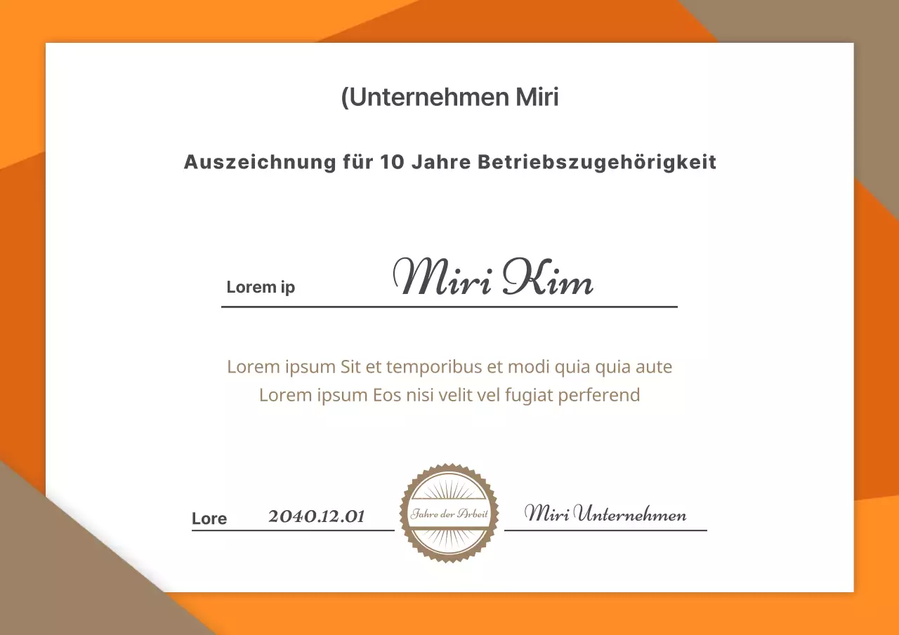 Auszeichnung für 10 Jahre Betriebszugehörigkeit mit einem einfachen Konzept in Gold und Orange