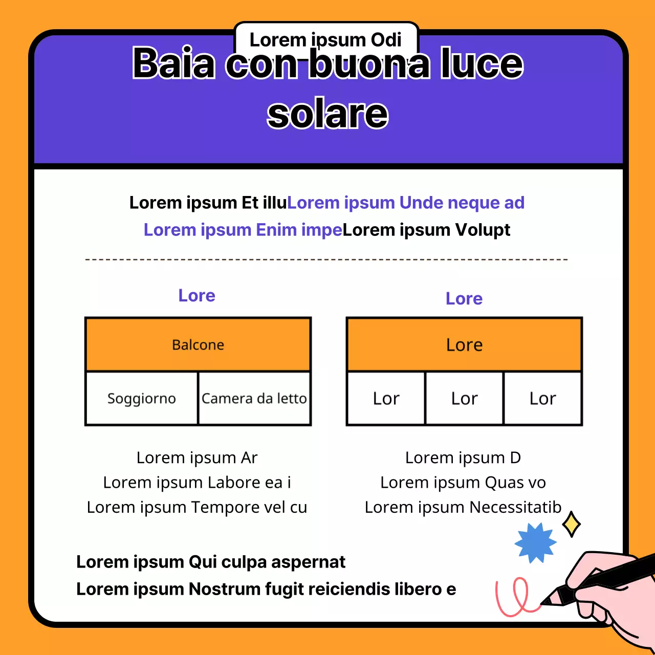 Guida illustrata viola e arancione alle parole chiave per l'elenco degli appartamenti