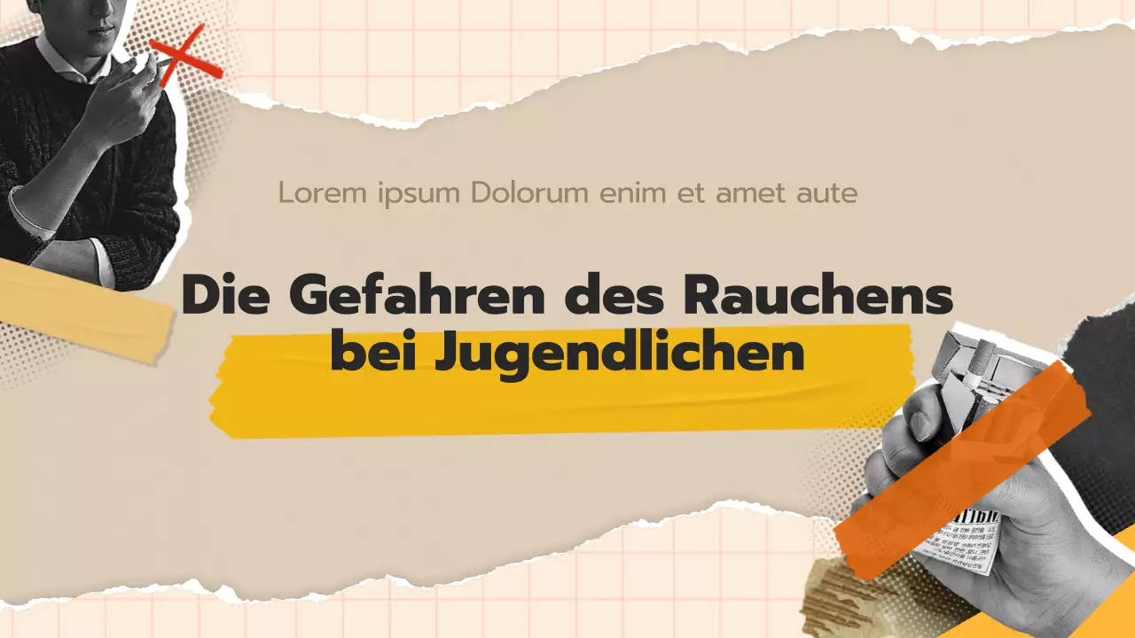 Aufklärungsmaterial zur Raucherentwöhnung für Jugendliche mit einem beigen Pop-Art-Collagekonzept.