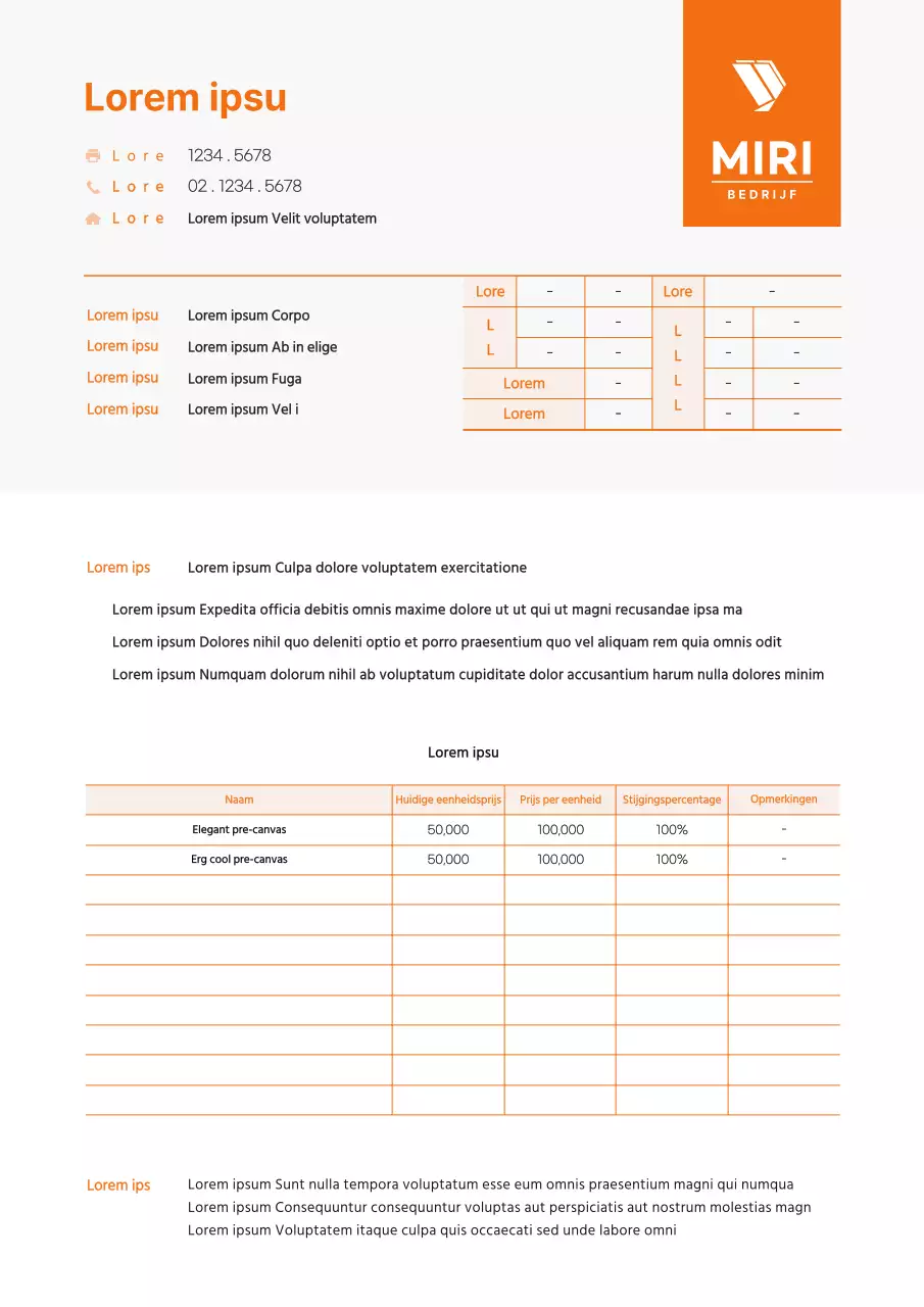Een strak concept prijsverhogingsbrief in oranje en zwart