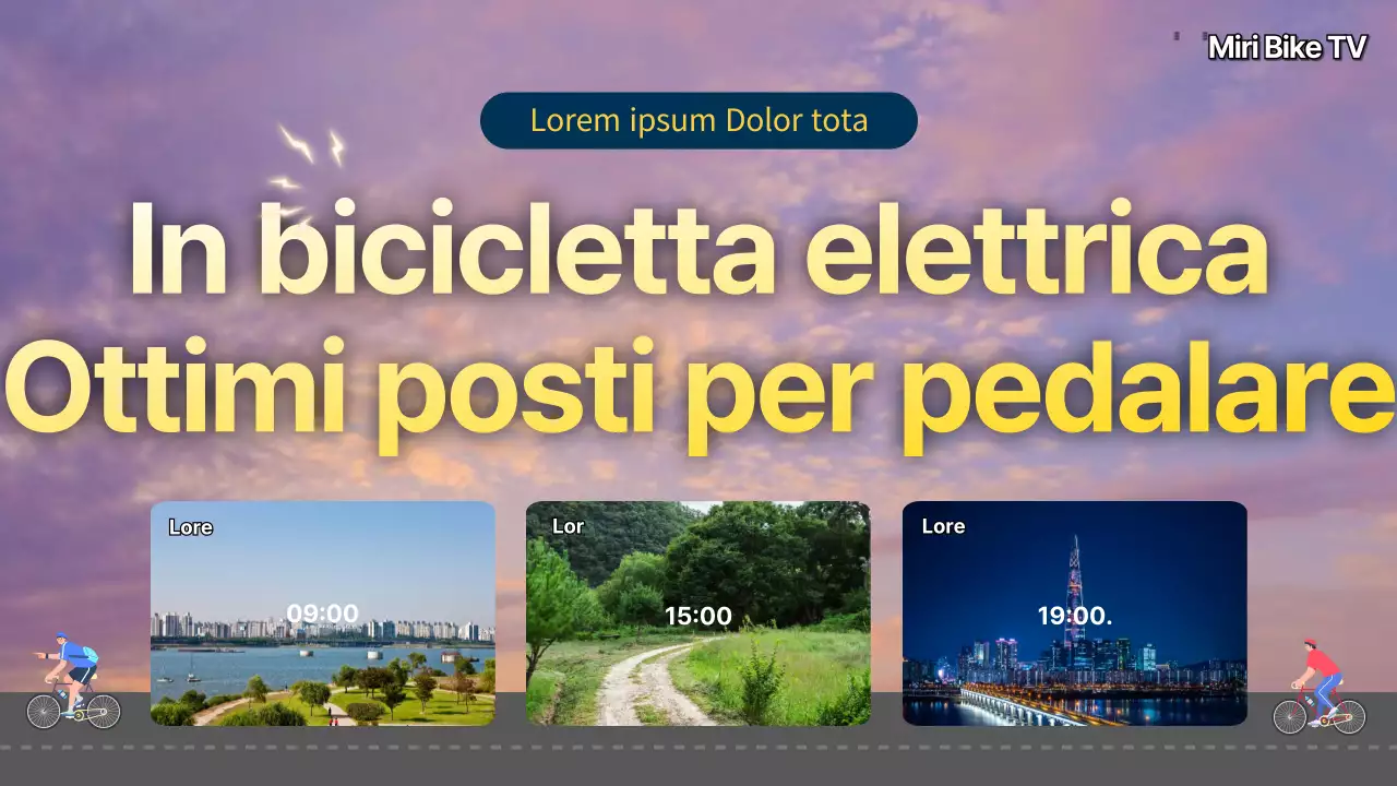 I luoghi migliori per andare in e-bike con foto del cielo viola e illustrazioni dei ciclisti Percorsi consigliati