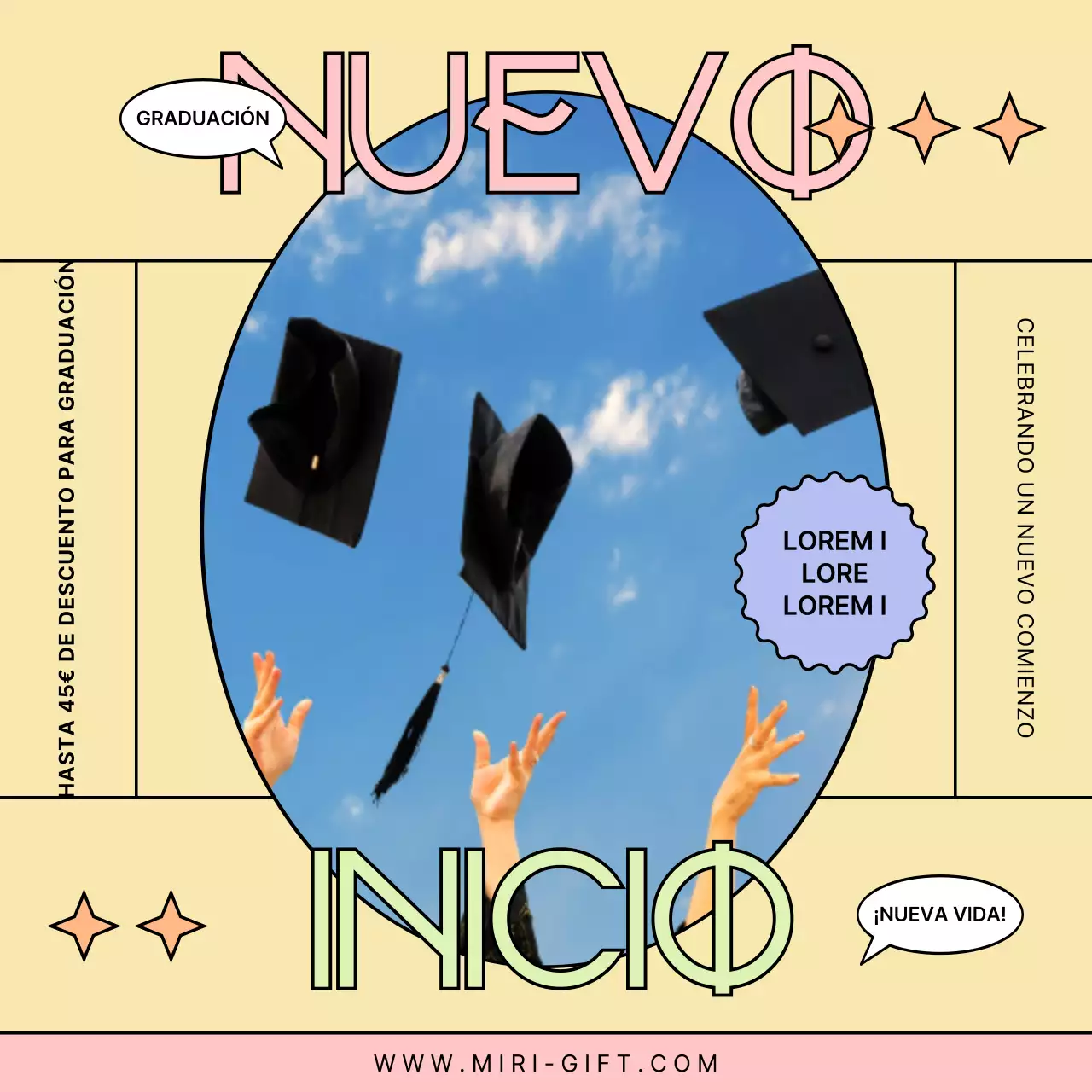 Evento de graduación con descuento en amarillo y rosa
