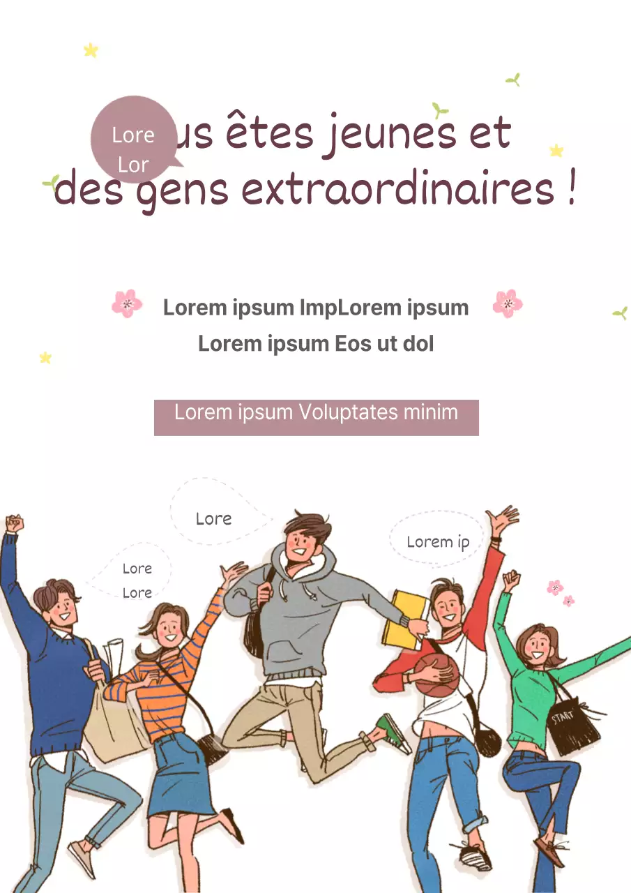 Un professeur encourage les candidats à l'entrée à l'université avec des fleurs roses et des illustrations d'étudiants.