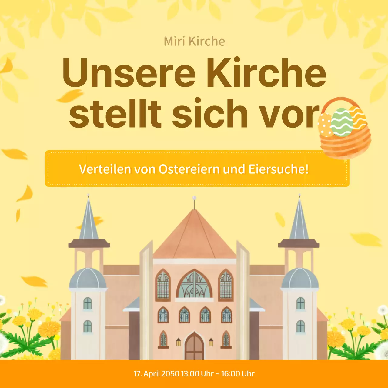 Ostern und Ei Beschreibung und Kirche Einladung mit gelben floralen Hintergrund