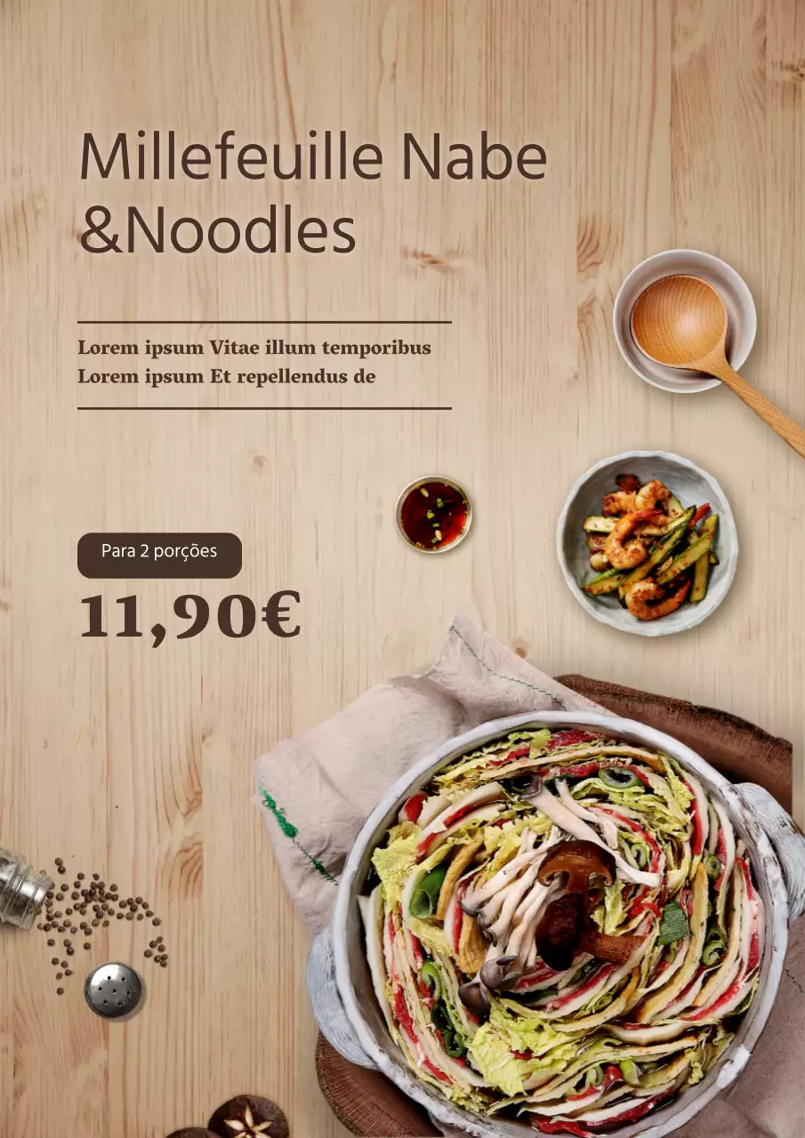 Cartaz de menu japonês Millefeuille Nabe com fundo de textura de madeira
