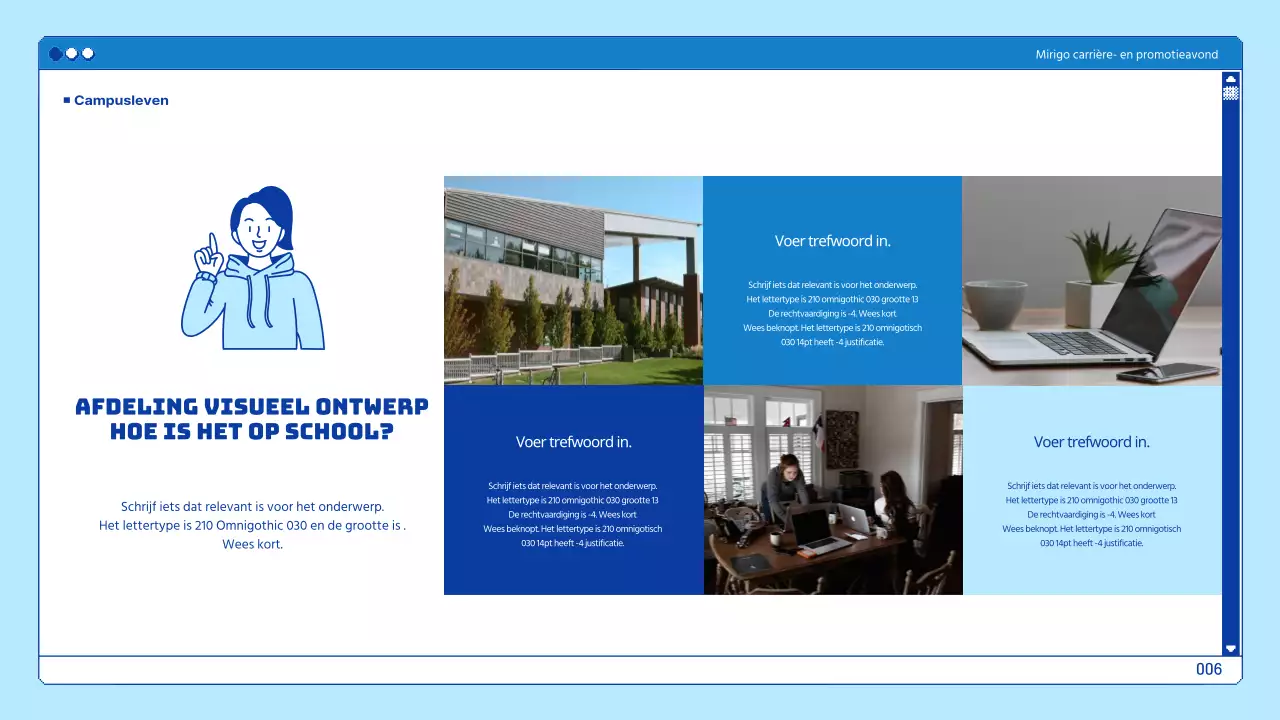 Universitaire presentaties in een blauw browserthema