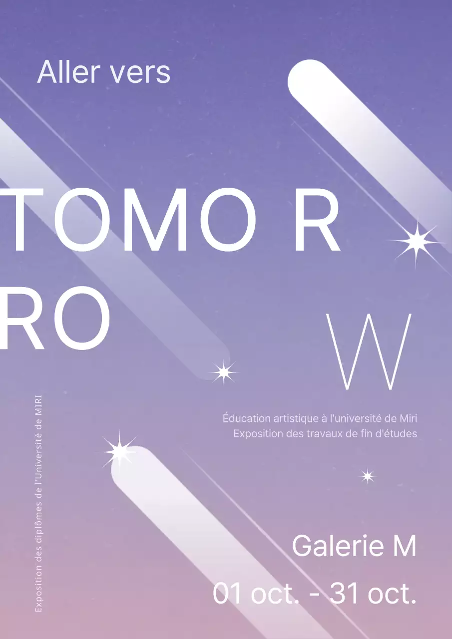 Affiche d'exposition pour la remise des diplômes d'art avec une ambiance de mur d'art en violet et rose