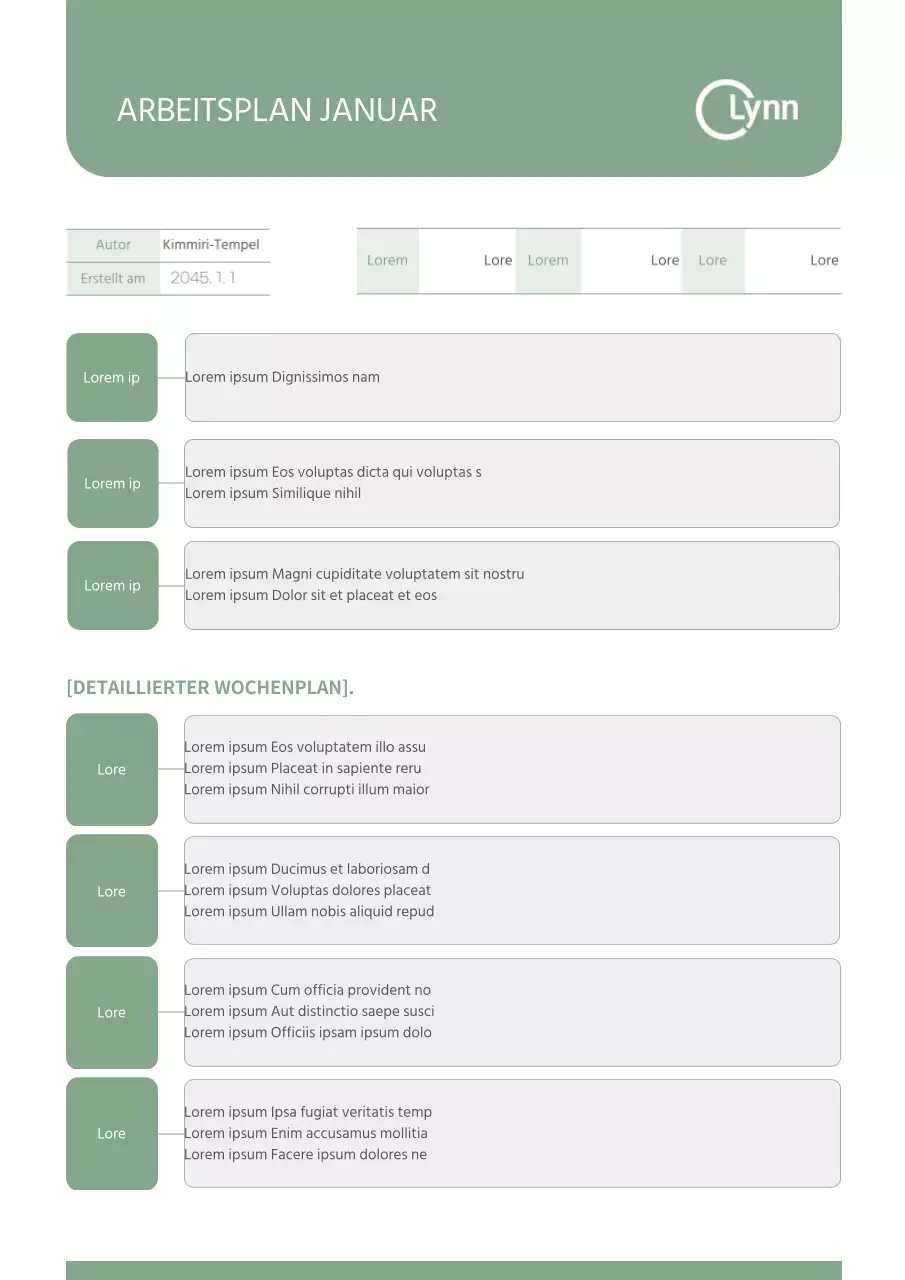 Monatlicher Arbeitsplan in beruhigendem Grün