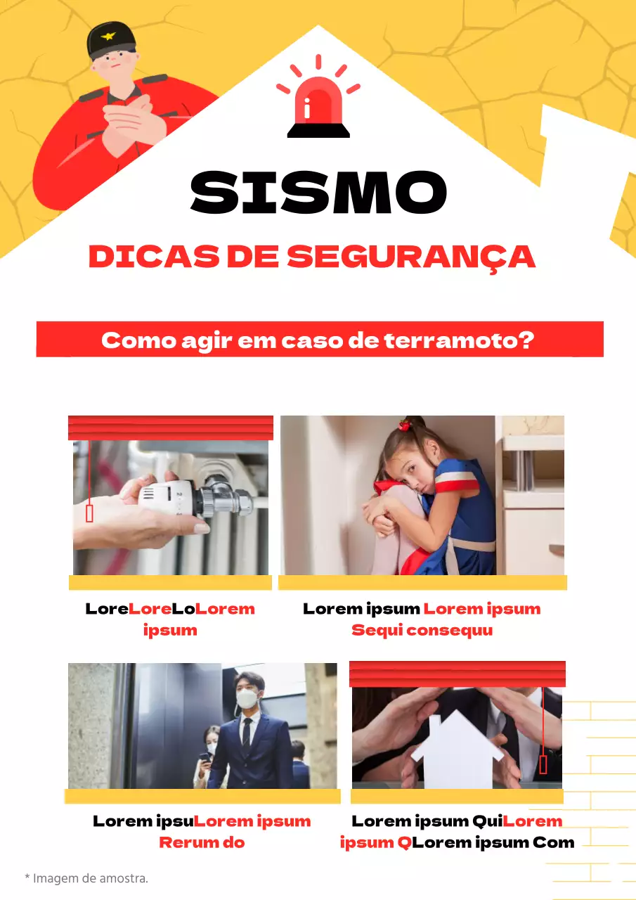 Manual de evacuação em caso de terramoto com ilustrações de bombeiros amarelas e vermelhas