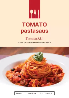 Eenvoudige poster met etiket voor tomatenpastasaus in rood en beige