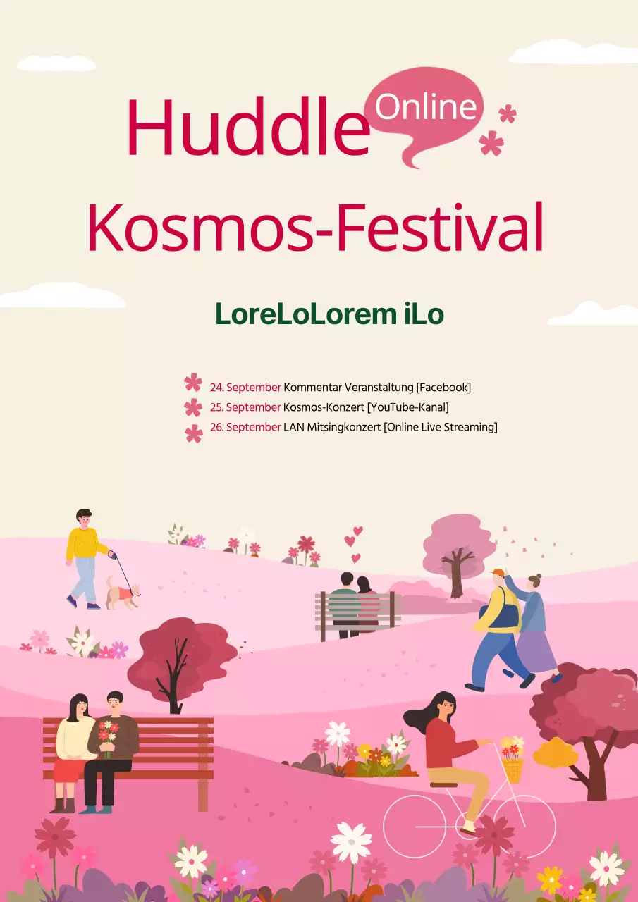 Ein Leitfaden für die Veranstaltungen des Cosmos-Festivals in Rosa und Beige