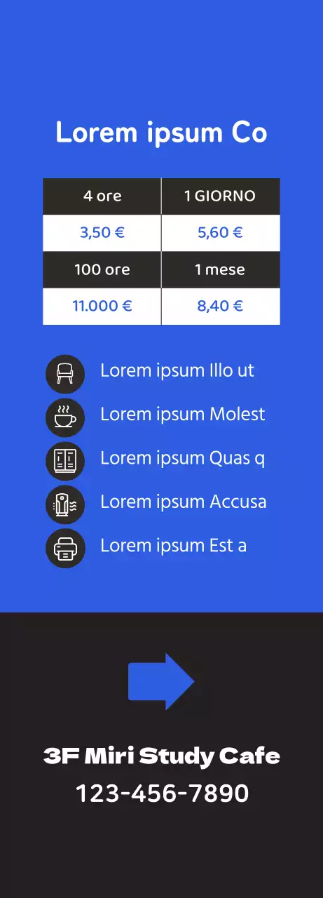 Promuovete un bar per lo studio pulito con l'illustrazione di uno studente che studia su uno sfondo blu.