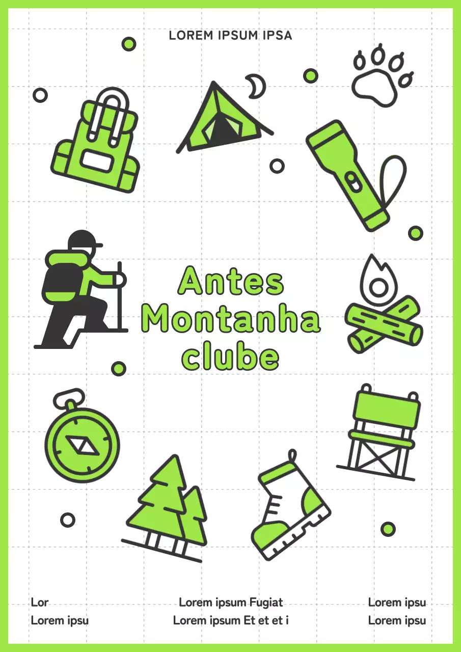 Anúncio minimalista de um clube de montanha em tons de verde e branco