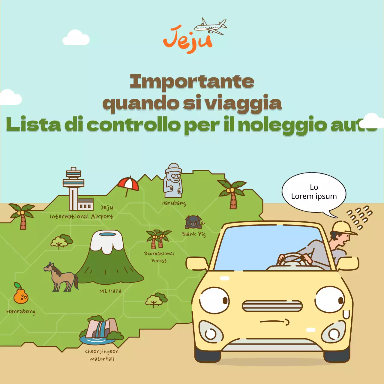 Una lista di controllo per il noleggio dell'auto sull'isola di Jeju con simpatiche illustrazioni Social media