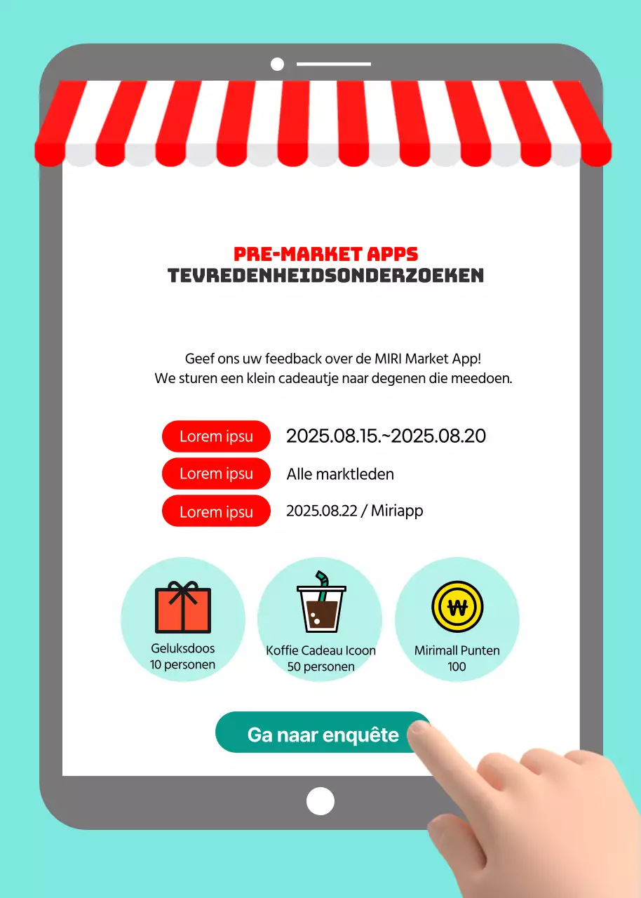 3D hand markt app tevredenheidsenquête evenement in mint en rood