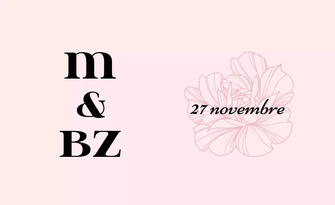 Promouvoir une invitation de mariage simple avec un texte rose clair et noir et des illustrations florales.