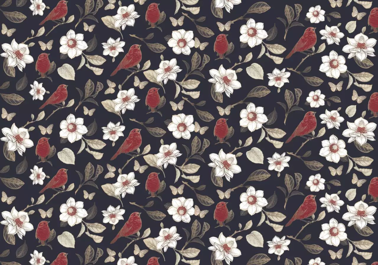 カラフルなカラーと濃い藍色の情緒的な花と鳥のイラスト柄スタイル パーソナルグッズ用