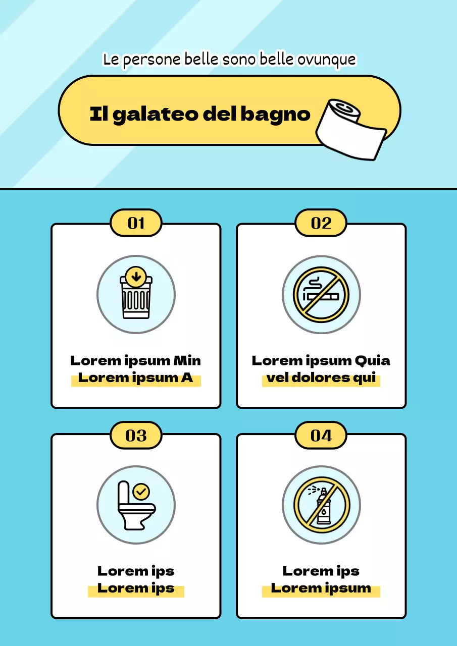 Guida al galateo della toilette pulita e ordinata, di colore azzurro e giallo