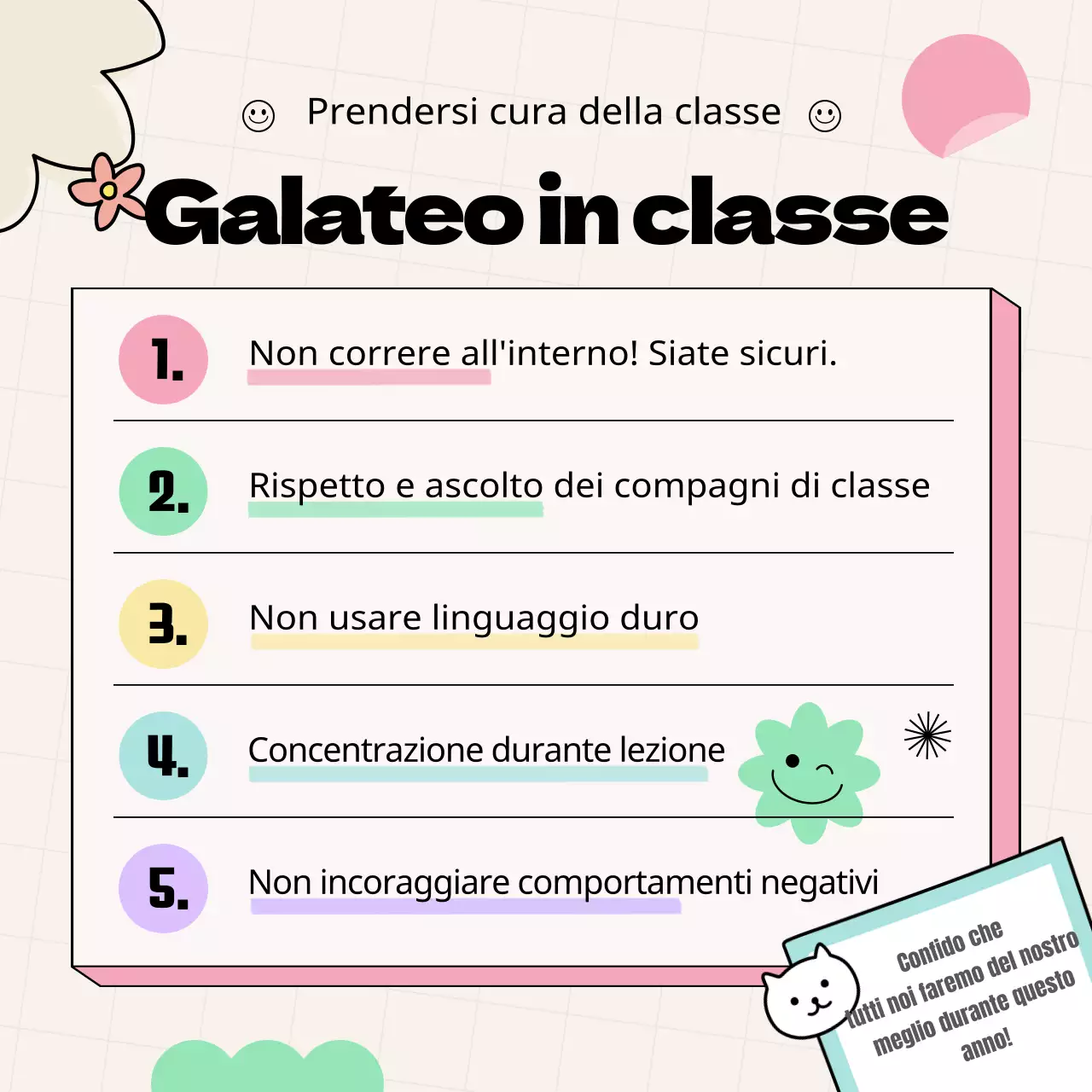 Materiale promozionale per il regolamento di classe con graffiti gialli e colorati.