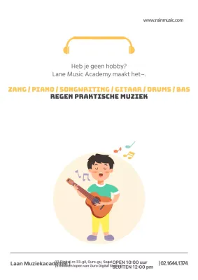 Een eenvoudige, gele flyer voor een muziekschool