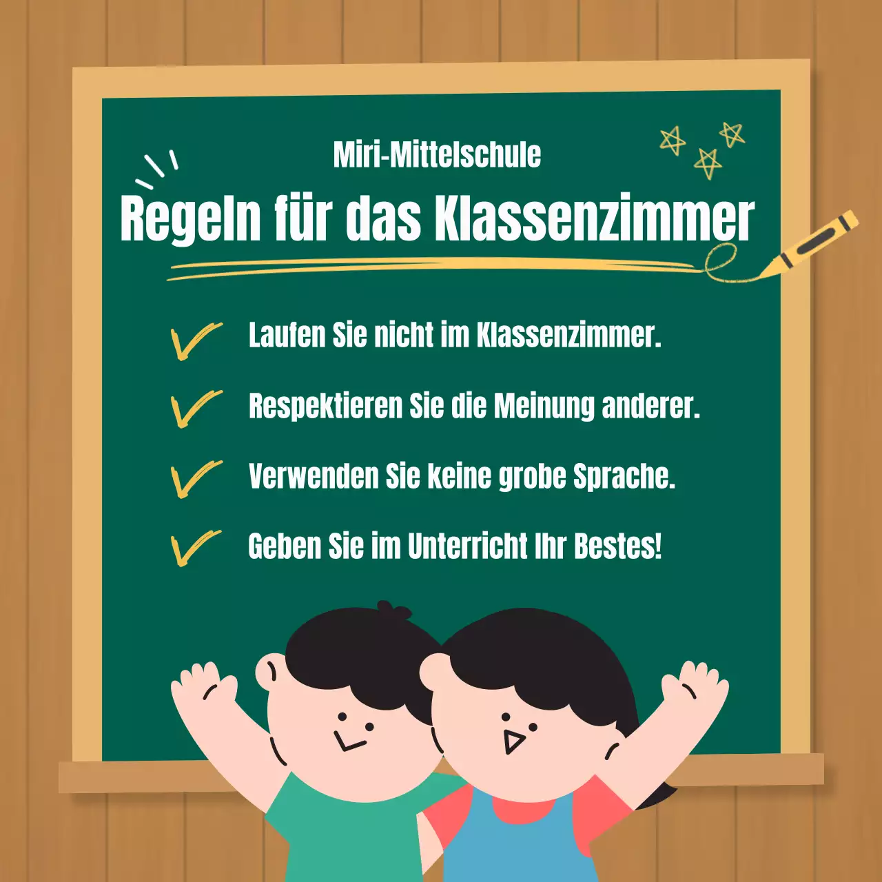 Grundschule neue Semester Bekanntmachung mit braunem Holz Maserung und grüner Kreidetafel Hintergrund
