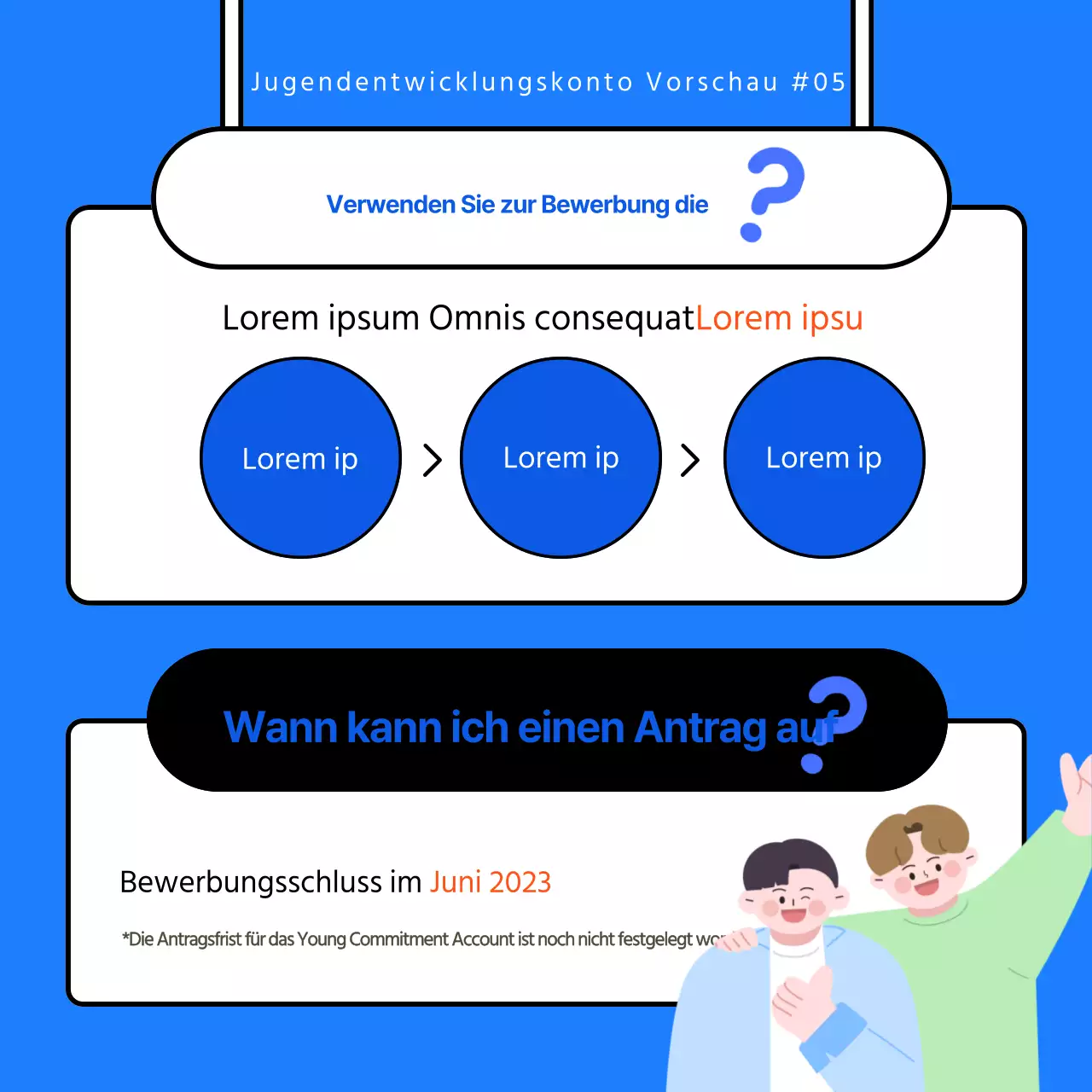 Blau-weiß illustriertes Werbematerial für Young Adult Accounts