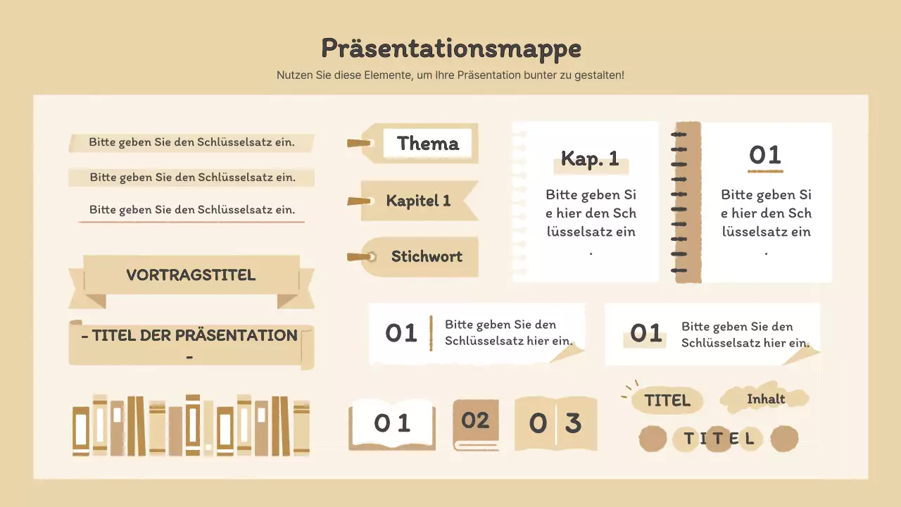 Präsentationsmappe mit gefühlvollen handgezeichneten Buchillustrationen in Braun und Grün