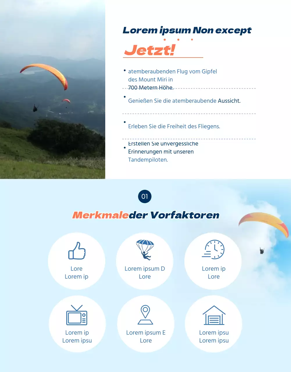 Gleitschirm-Detailseite mit orangefarbenen Akzenten in SkyConcept