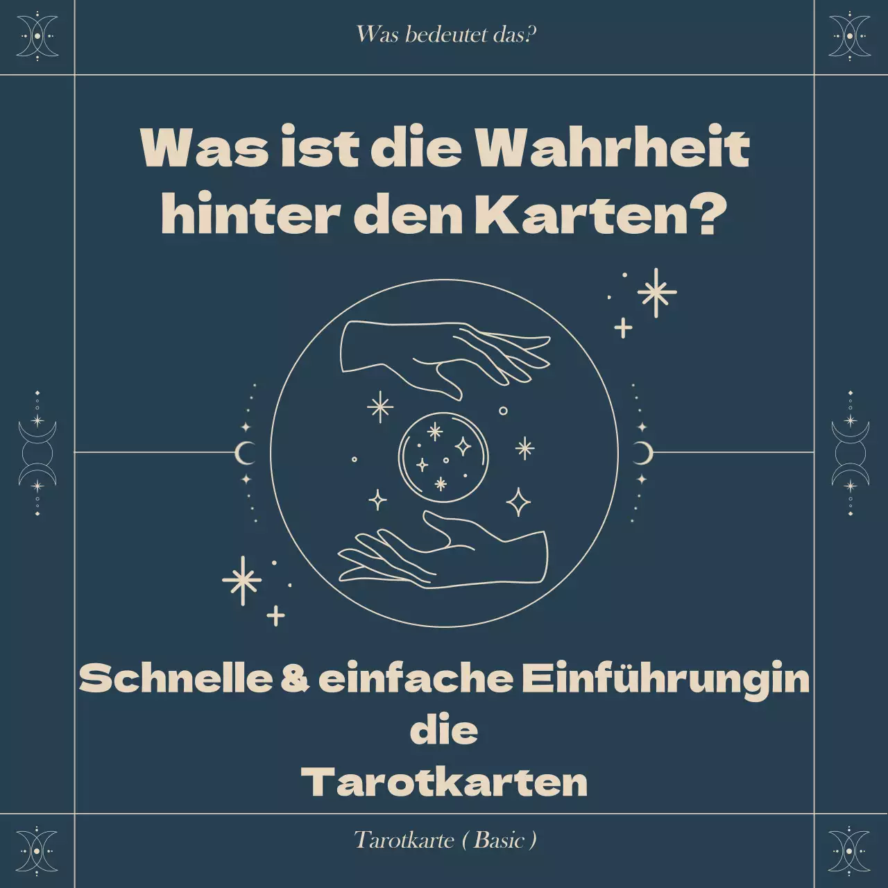 Eine schnelle und einfache Einführung in die Tarotkarten mit einem quadratischen Rahmen und einem astrologischen Konzept in einem marineblauen Farbschema.