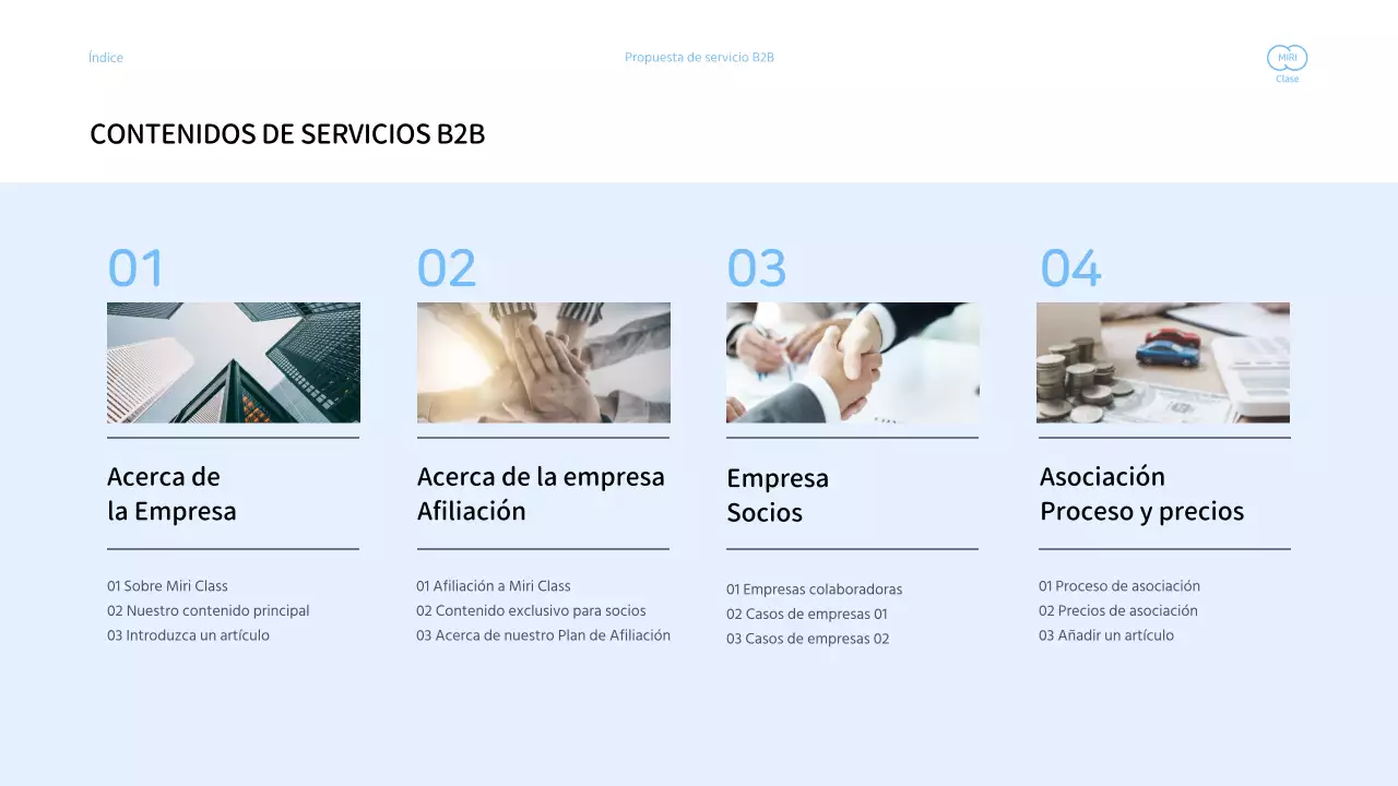 Presentación de propuesta de servicios a empresas con un esquema de color azul claro