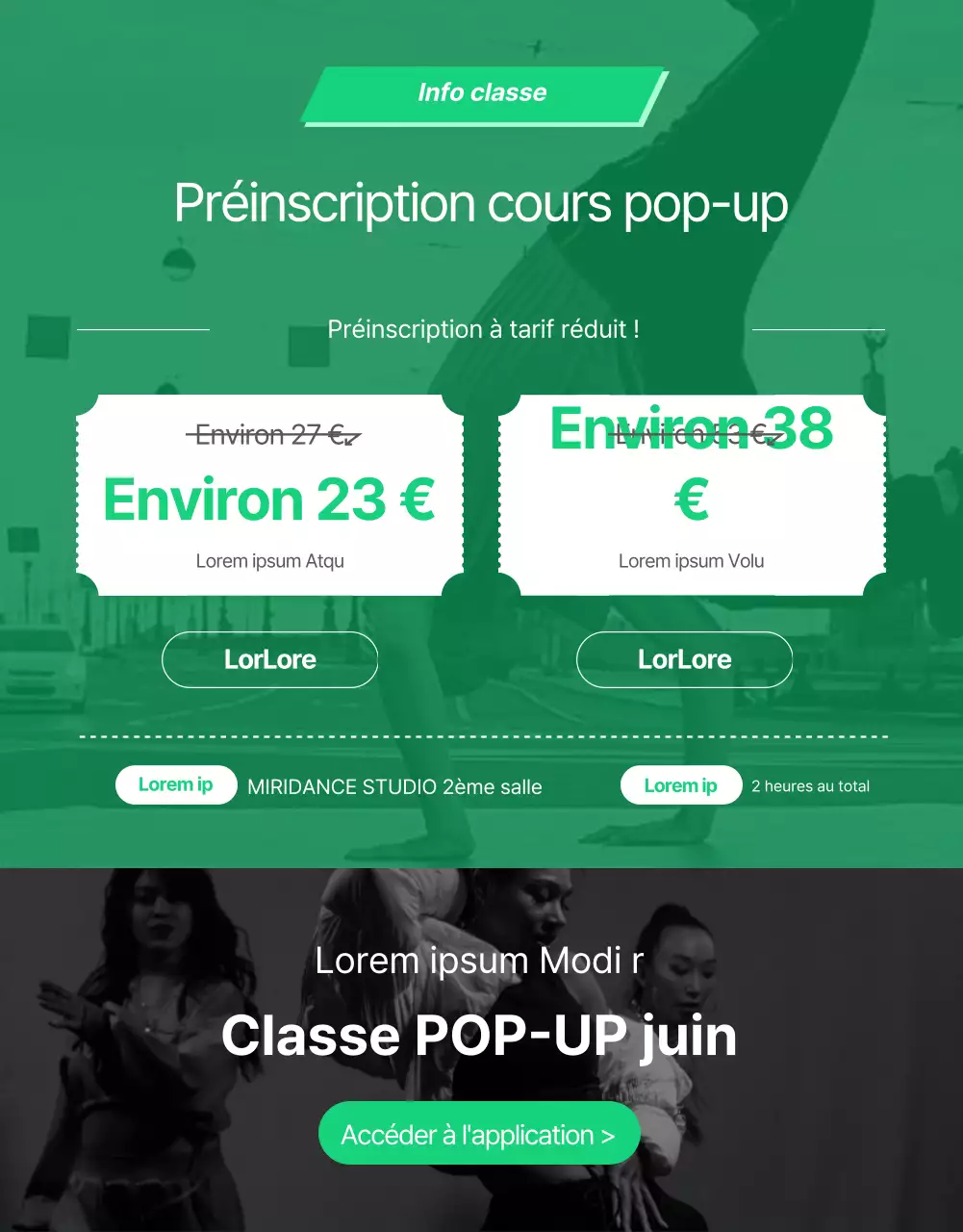 Détails de la classe pop-up de danse en noir et vert