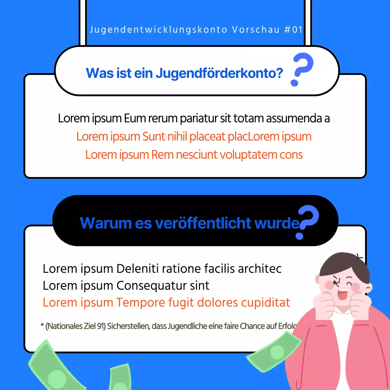 Blau-weiß illustriertes Werbematerial für Young Adult Accounts