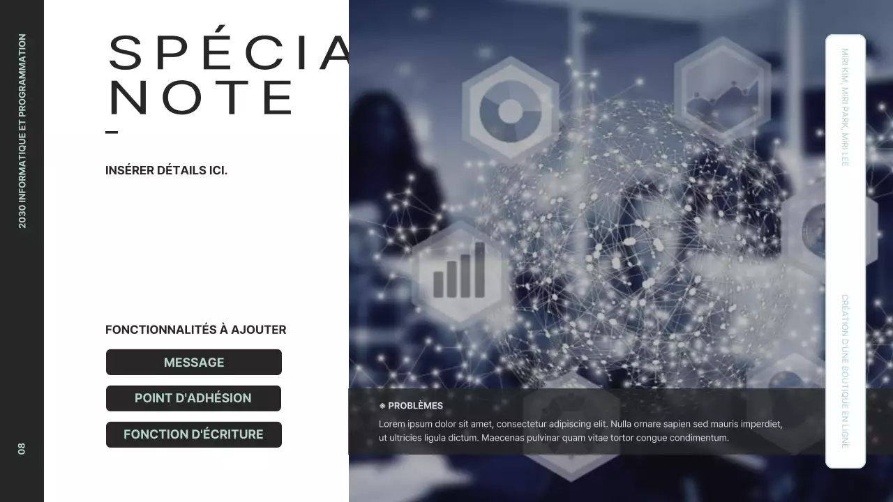 Présenter une vue d'ensemble claire du projet avec des graphiques en noir et menthe