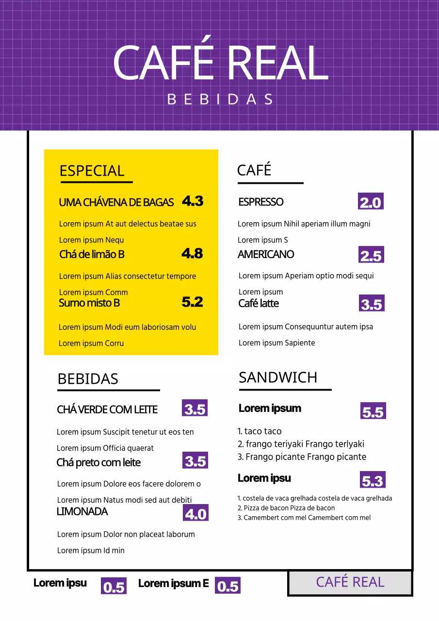 Ementa de café branco púrpura menu de bebidas
