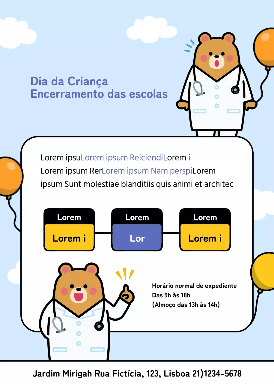 Aviso de fecho do Dia da Criança com uma ilustração de um urso médico giro sobre um fundo azul claro