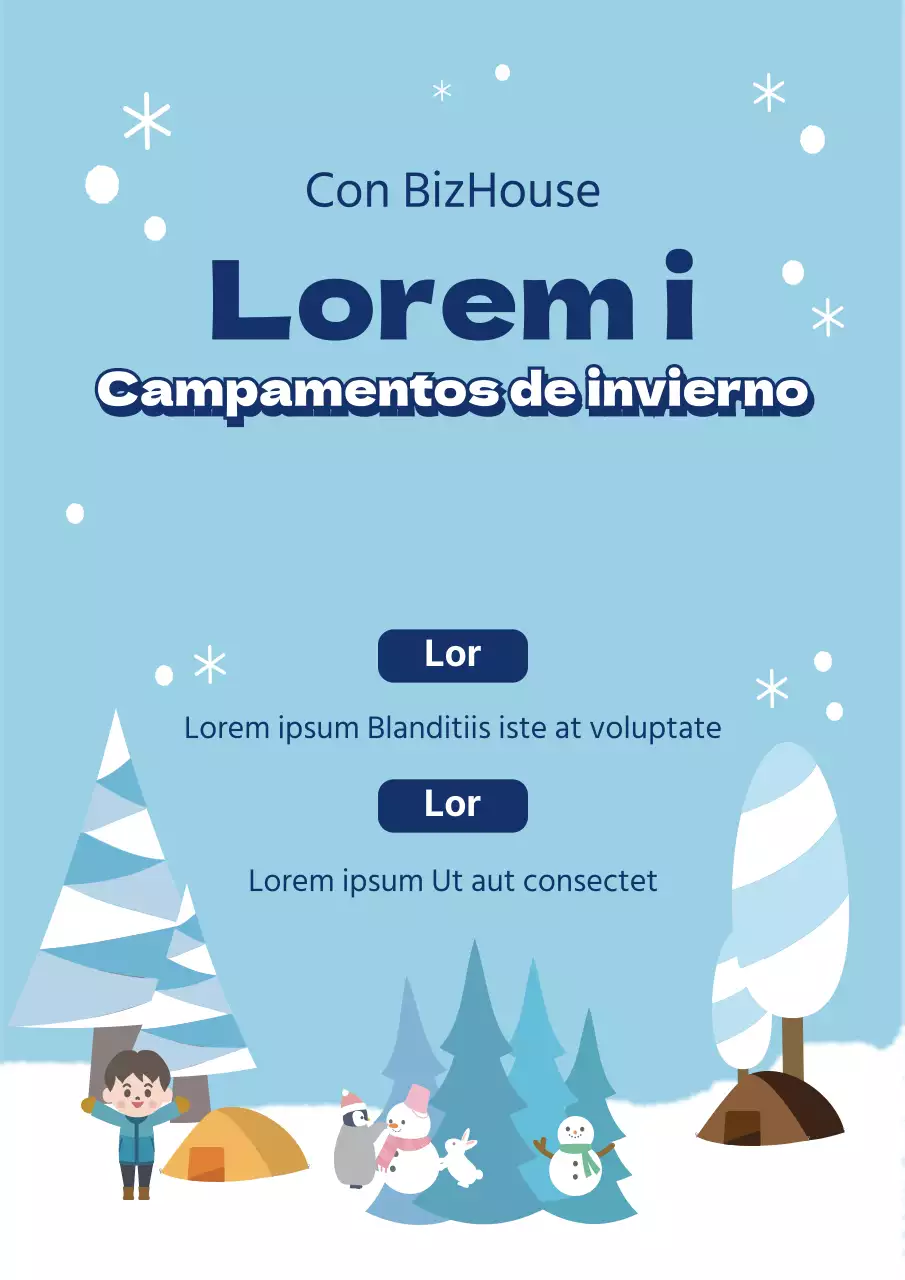 Bonito folleto de campamento de invierno para escuela primaria en azul claro.