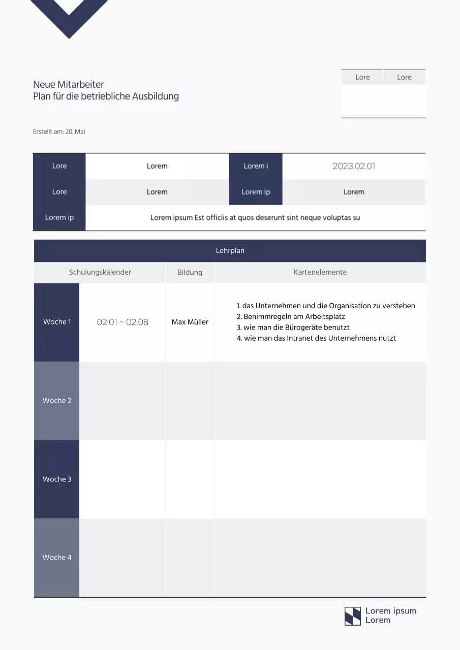 Marineblauer, übersichtlicher Plan für die Einarbeitung neuer Mitarbeiter