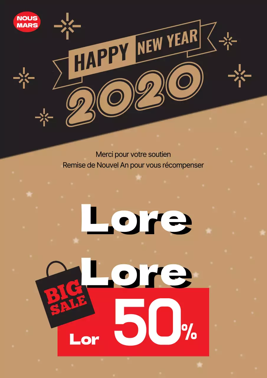 Prospectus simple des ventes de l'épicerie pour le Nouvel An, en or et noir