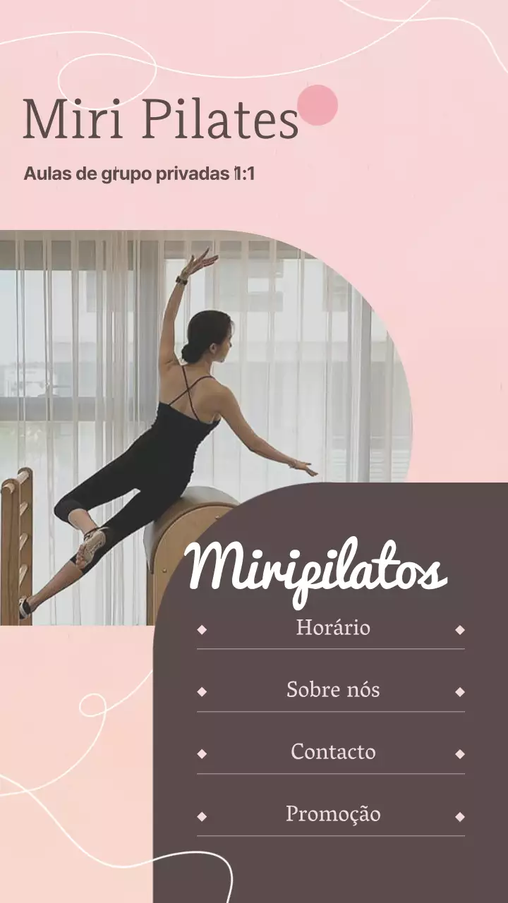Nota de ligação que promove um estúdio de Pilates com destaque para uma fotografia cor-de-rosa e castanha
