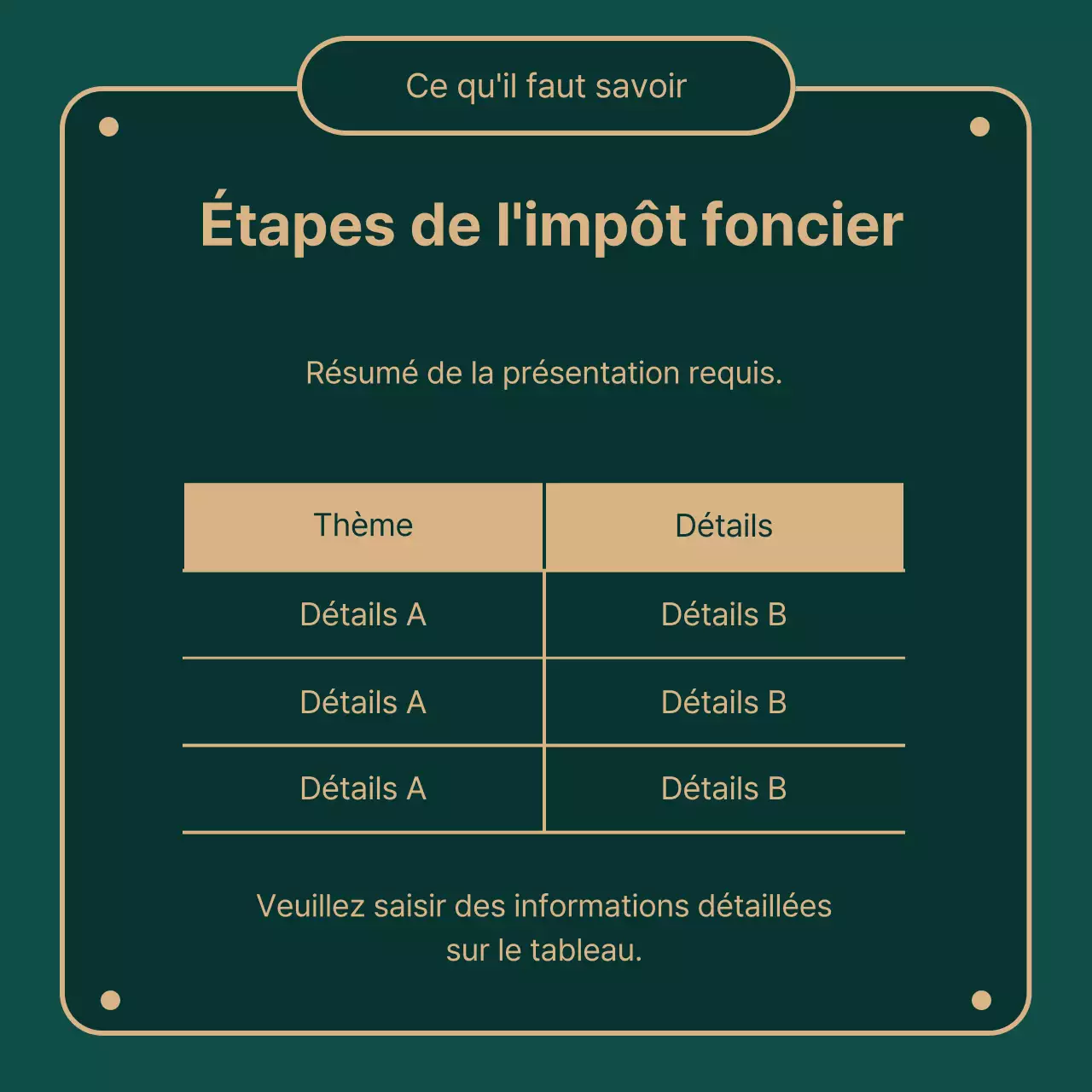 Fournit des informations sur les taxes foncières surlignées en vert (foncé) et des illustrations en or.