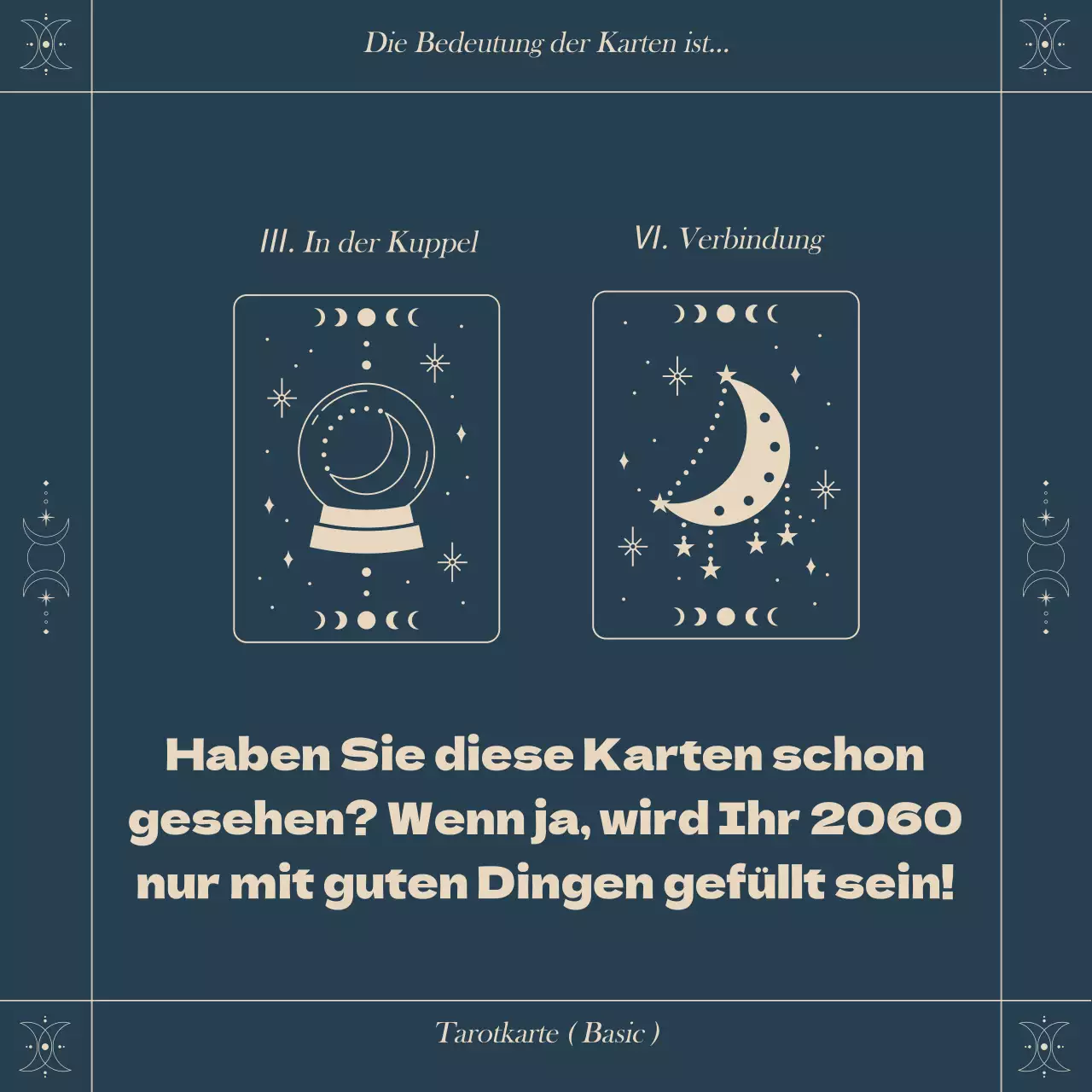 Eine schnelle und einfache Einführung in die Tarotkarten mit einem quadratischen Rahmen und einem astrologischen Konzept in einem marineblauen Farbschema.
