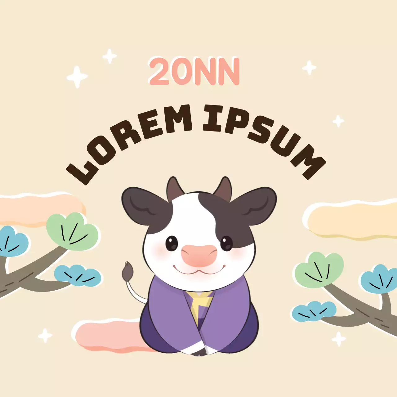 Paars roze illustratie schattig nieuwjaarsgroetlabel